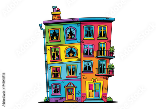 Colorful cartoon apartment building with people peeking out of windows and balconies