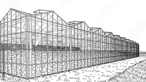 Greenhouse for plants with rows of crops inside and glass roof structure showing agriculture and farming technology