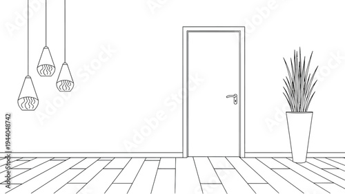 Interior hallway with closed door hanging lamps and potted plant on wooden floor providing minimalist decor for modern home