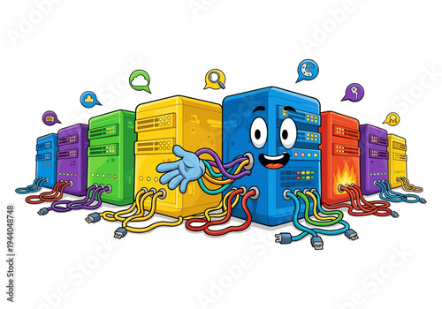 Cartoon servers with colorful cables and icons representing cloud, search, and data