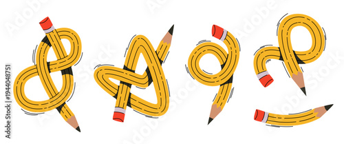 Set of bent pencils isolated on white background. Vector cartoon illustration of flexible stationery tools with flexible shapes, knots, hearts for kid educational banners, whimsical drawing supplies