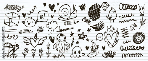 Hand drawn kid doodle icons on notebook page background. Vector illustration of abstract cute sketches on paper, crazy banana, octopus, heart on fire, creative scribble designs for school banner