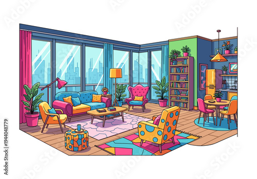 Vibrant cartoon living room and dining area with city view and colorful furniture