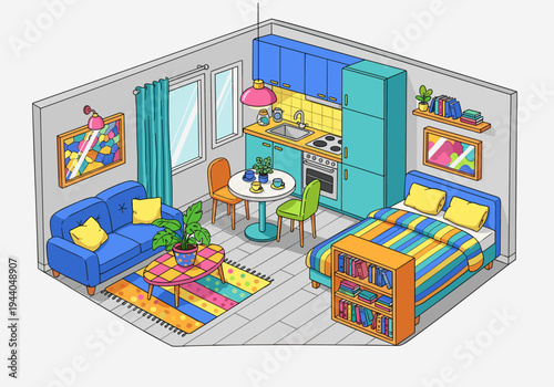 Cozy isometric studio apartment with vibrant colors and functional living spaces