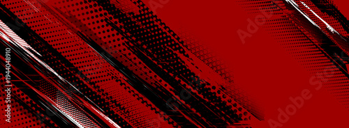Dynamic red sport background with black halftone pattern, white accents and abstract speed lines, vector banner. Energetic motion effect with grunge texture for athletic events design, presentations.