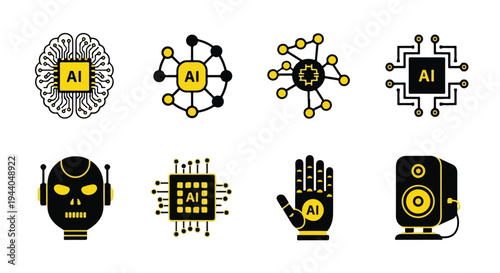 Set of 8 AI Artificial Intelligence Technology Icons Vector