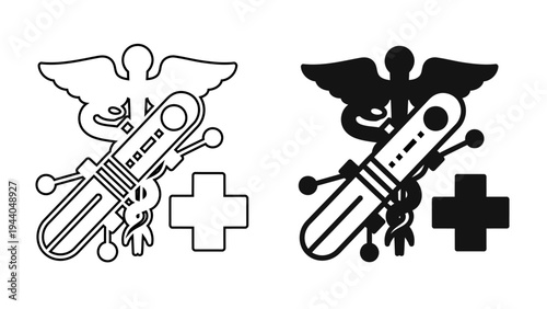 Pregnancy Test and Caduceus Icon  Positive Fertility Result and Medical Testing Symbols