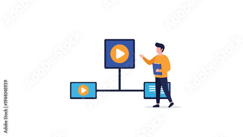 A man in an orange shirt interacts with a large video play button icon connected to two smaller ones on a white background with a minimalistic design.