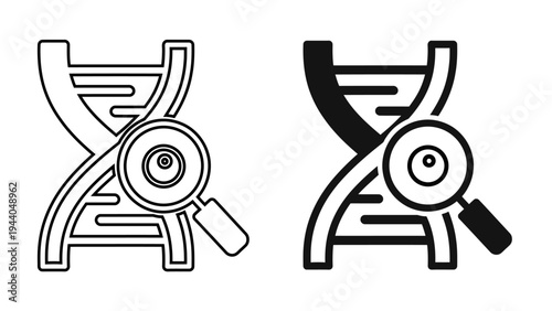 DNA Genetic Research Icon, Molecule Helix with Magnifying Glass for Biotechnology and Forensic Science Design