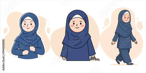 Muslim women wearing hijab in different poses for illustration purposes