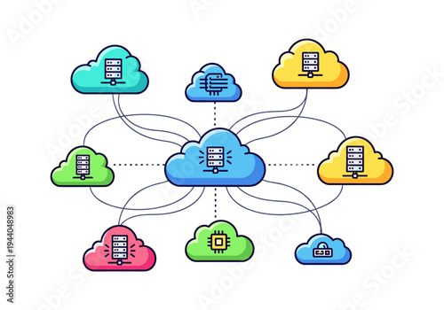 Connected cloud computing network with servers and data storage icons