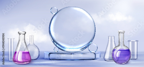Glass podium with transparent lab glassware and soap bubbles, realistic vector background. Flasks with pink, purple liquids, geometric platform for laboratory display or presentation