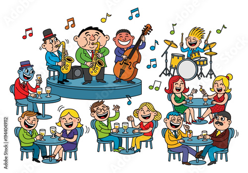 Cartoon jazz band performs for happy audience enjoying drinks at tables in a lively club