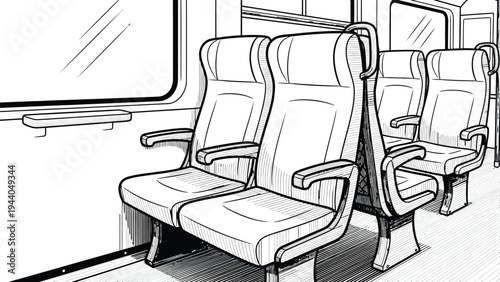 Inside train car with rows of seats next to window showing public transportation and travel for commuters and passengers