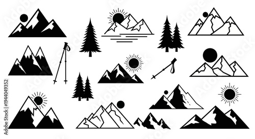 Mountain Peaks Collection: Icons with Sun and Trees, Hiking Poles, Outline and Silhouette