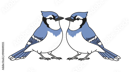 Two Blue Jays: A vivid illustration showcasing a pair of blue jays, known for their striking blue plumage and intelligent gaze, set against a crisp white background.