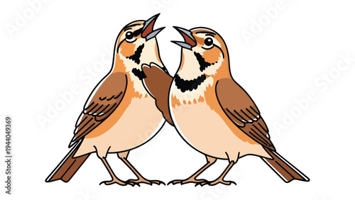 Harmonious Bird Duet: Two charming bird, with open beaks and distinct markings, join voices in a melodious duet, a symbol of togetherness and the simple joys of nature.