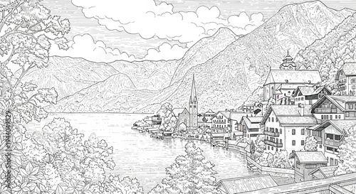 Idyllic Alpine Village Facade Sketch - Lakeside Mountain Town
