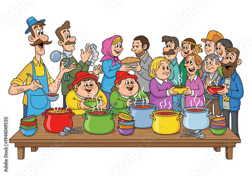 Diverse group of people happily serving and receiving bowls of hot soup from large pots