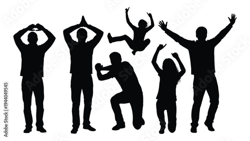 Silhouette of five people and one monkey in various dance poses, black figures on white background, illustrating joy and movement