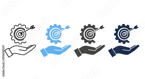 Hand Holding Target Gear Icon Set: Strategy, Success, Goals, Business Solutions