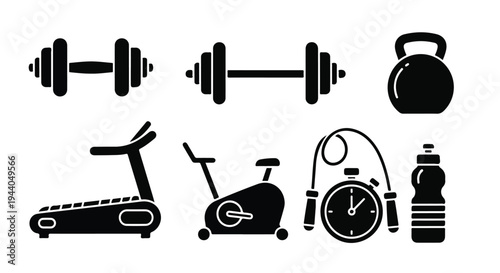 Set of 7 Black Gym Equipment Vector Icons