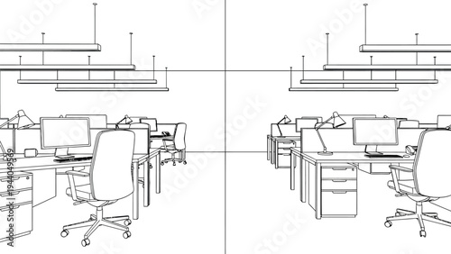 Open plan office workspace sketch with desks computers and ergonomic chairs for coloring page professional corporate environment line art illustration