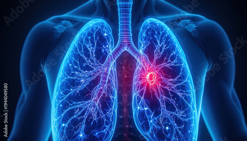 Illuminated human torso displays internal respiratory system structure with a localized affliction in one organ