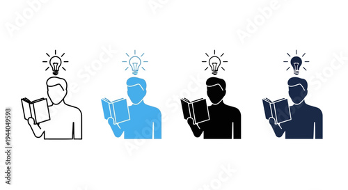 Person Reading Book, Lightbulb Idea Symbol, Learning and Knowledge Concept Icons