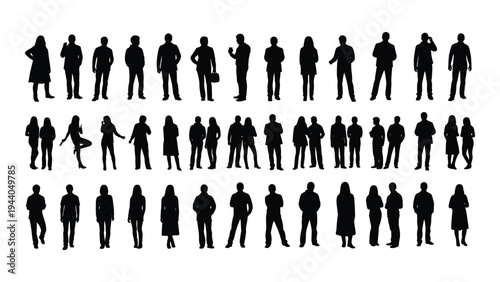 Collection of diverse human silhouettes in various poses and occupations