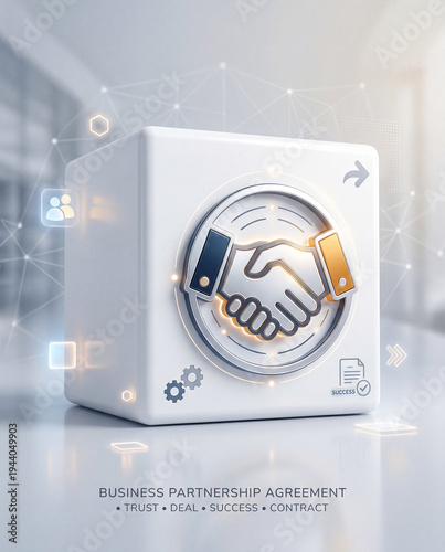 Business Handshake Icon on White Block Depicting Partnership Deal, Negotiation Agreement, Corporate Collaboration and Professional Trust Concept