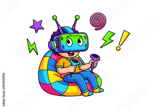Child wearing VR headset and playing video games with controllers, sitting on bean bag chair