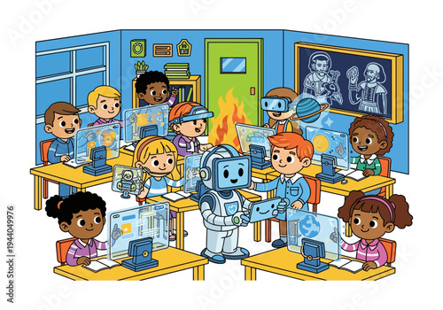 Children learning about technology and science in a futuristic classroom with a robot assistant