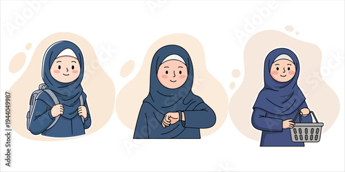 Muslim girl in hijab shown in three different daily activities