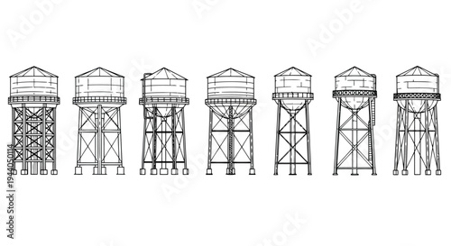 Series of vintage water tower designs with varying architectural styles in a row. Vector