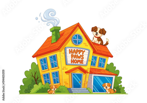 Charming cartoon yellow house with playful puppies and a happy dog on the roof
