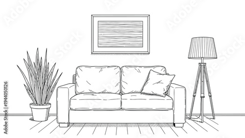 A living room interior featuring a comfortable sofa with a pillow, an indoor plant in a pot, a standing lamp, and a framed picture on wall