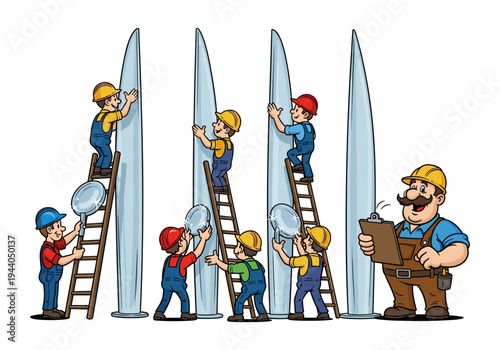 Cartoon construction workers assembling large wind turbine blades with a supervisor overseeing the process