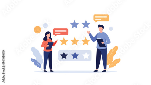 Illustration of two people discussing ratings and feedback with stars and speech bubbles on a white background.