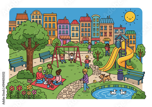 Diverse families enjoy a sunny day at a vibrant city park with playground and pond