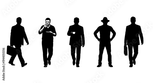 Silhouettes of businessmen walking, holding briefcase, drinking coffee