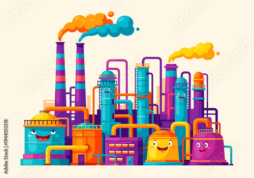 Cartoon industrial factory with smiling faces and colorful smoke stacks