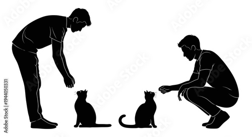 Human Interaction with Cats: Silhouettes of Men Feeding Felines