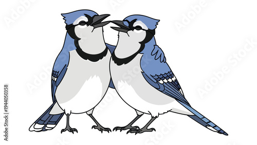 Two Blue Jays Perched Together: A charming illustration depicts two vibrant blue jays with striking black markings, perched closely together, conveying a sense of companionship.
