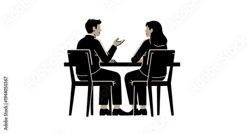 Business meeting: man and woman discussing ideas at a table, simple illustration