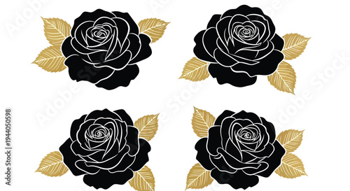 Elegant black roses with golden accents displayed in a symmetrical arrangement Vector
