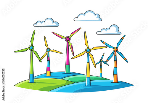 Colorful wind turbines on rolling hills under a cloudy sky, representing renewable energy