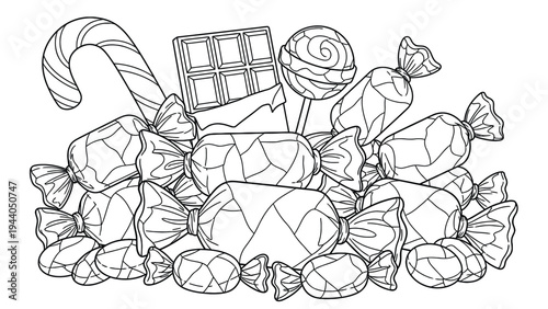 A festive collection of various candies, including wrapped sweets, lollipops, a chocolate bar, and a striped candy cane in a pile