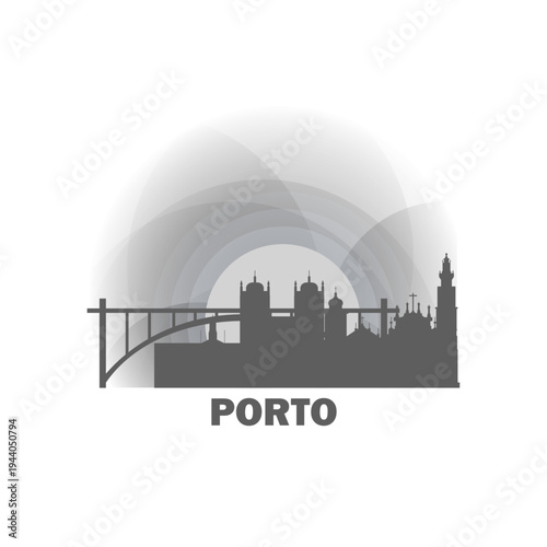 Porto logo, clip art with cityscape, skyline, panorama, sightseeing. Vector flat isolated illustration. Portugal city image with landmarks and buildings