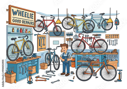 Friendly bicycle mechanic working in a well-stocked repair shop with many bikes